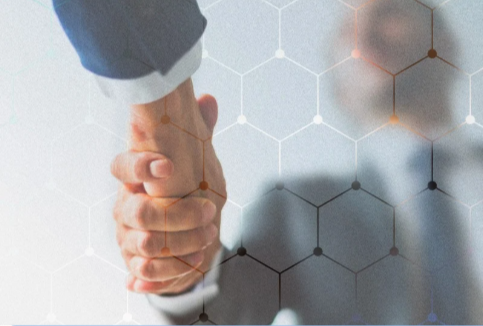 Business handshake representing partnership, overlaid with a digital network pattern