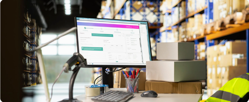 Warehouse workstation with KIBO OMS dashboard on monitor, surrounded by packages